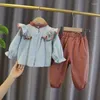 Clothing Sets Fashion Baby Girls Suits 2024 Spring Autumn Patchwork Turn Down Collar Tops Solid Elastic Waist Pants Children Two Piece Set