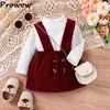 Prowow 324M Baby Meisje Kleding Outfit Set Witte Kanten Kraag Top Boog Corduroy Rode Jurk Meisjes Kinderen Kostuum 240313