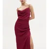 Casual Dresses Pleated Split Satin Dress Solid Color High Waist Spaghetti Strap Y2K Suspender Camis Women Silk Elegant Sexy Long