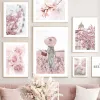 Calligraphy Pink Sakura Rose Tulip Flower Landscape Wall Art Canvas Painting Nordic Posters And Prints Wall Pictures For Living Room Decor