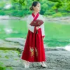 Style oriental filles tunique blanche chemise et jupe rouge 2 pièces costume ensemble chinois enfants traditionnel Hanfu Costume Phoenix broderie 240229