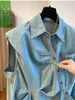 Blouses pour femmes Chemises en denim à simple boutonnage plissé irrégulier Col rabattu Chemisier sans manches Femmes 2024 Été Lâche Casual Blusa Mujer