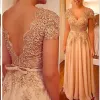 Blush roze moeder van bruid jurken cap mouwen chiffon kanten appliques kristallen vloer lengte open rug aangepaste bruiloften avond feest prom jurken