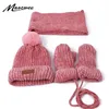 3 pezzi inverno cappello bambino sciarpa guanti set bambini pompon cappelli lavorati a maglia per ragazze ragazzi berretti caldi spessi con fodera 240227