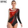 Bühnenkleidung Damen Gymnastik Unitards Ballett Tanz Jumpsuits für Eiskunstlauf Metallic Sheer Mesh Langarm Performance Kostüme