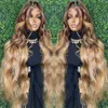 Perruque Lace Front Wig Body Wave sans colle, cheveux naturels, à reflets, 40 pouces, Transparent, couleur blond miel ombré 4/27, 13x4, pour femmes