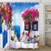 Curtains Greek Town Street View Shower Curtain Blue Wooden Doors Windows Flower Plant Wall Decor Bathroom Hanging Curtains Set With Hooks