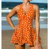 Swim Wear Womens High Quality 2-Piece Swimsuit Minimalist White Printed Polka Dot Sleeveless Laced Sexig hängande halsringning Beach kjol S-6xl Aquatic Sports 240311