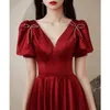 Runway Dresses A Line Burgundy Satin Prom Dress V Neck Pleat Bow Pearl With Puff Sleeve Vintage Long Simple Formal Party Celebrity Evening