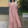 Casual Dresses Women Long Dress Elegant A-line Midi For With Round Neck Short Sleeves Soft Breathable Fabric Pleated Big Ladies