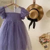 Flickans klänningar Ny festklänning Summer Elegant Princess Dress Purple Mesh Dress 1-9 Years Kids Bow Party Clothes LDD240313