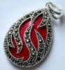 Pendant Necklaces VINTAGE 925 STERLING SILVER INLAY RED CORAL MARCASITE 30x20MM