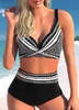 Swim Wear New Summer High Elastic Bikini Set med enkelt randmönster och tryckt två stycken Sexiga kvinnor S-5XL Beach Swimsuit Retro Style Aquatic Sports 240311