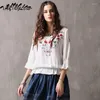 Women's T Shirts Women Clothing 2024 Autumn Whte Sweet Female Blusas O-Neck Large Size Tops Retro Flower Embroidery Flare Sleeve Shirt B9260