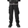 Men's Pants Techwear Style Overalls Multi-Pocket Black Drawstring Straight Ankle-Tied Casual Trousers For Men And Women