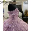 Lilac Glitter Crystal Sequined Ribbons Ball Gown Quinceanera Dresses Off the Shoulder Appliques Lace Corset Vestido de 15 Anos