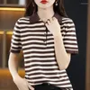 Women's Polos Tops Black Striped Clothing Red T-shirt Woman Short Sleeve Tee Polo Neck Shirts For Women Y2k Fashion Polyester Cotton Trend V