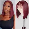 Borgonha hd transparente curto bob perucas de cabelo humano brasileiro 99j vermelho reto 13x6x1 peruca dianteira do laço para mulheres pré arrancadas