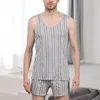 Herren-Nachtwäsche, Herren-Pyjama-Set, Loungewear, Nachthemd, kariertes Hemd, Shorts, ärmellos, einfarbig, Tank-Top