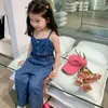 Kledingsets Koreaanse lente zomer kinderen meisje 2-delige set korte slip vest effen denim rechte broek peuter outfit kind pak