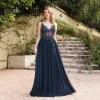Sexy Backless New Evening Dresses Dark Navy Chiffon Appliques A Line Sheer V Neck Long Party Prom Gowns CPS3038