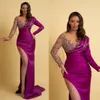 mode sexy zeemeermin avondjurken asymmetrische kristal kralen applique prom jassen v-hals zijsplit vestidos de noche sweep trein