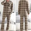 Herr termiska pyjamas sätter långärmad långa byxor avslappnad huskläder kostym vinterens höstkläder rutigt mönster sömnkläder 240313