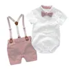 Baby Boy Clothes Summer Gentleman Birthday Suits born Party Dress Soft Cotton Solid Rmper Belt Pants Infant Toddler Set 240301