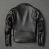 Chaqueta de cuero genuino para hombre de alta calidad, chaqueta de bombardero con cremallera oblicua Retro para hombre, motocicleta informal, color marrón viejo 240309