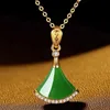 Pendant Necklaces Pure Gold New Gold Green Jade Marrow Small Skirt Pendant for Womens Internet Celebrity Fashion Fan Necklace Pendant JewelryL242313