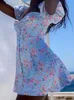 Damskie spodenki bez ramiączek Sukienka letnia seksowna V Neck Floral Print Boho Beach sukienka podzielona z ramienia Mini Sundress Robe S ~ 3xll24313