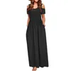 Robes décontractées Femmes Été Hors Épaule Longue Maxi Robe Élégante Poche À Manches Courtes Lâche Plage Boho T-shirt Robe Femme