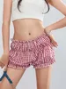 Calções femininos femininos 2000s estética doce shorts kaii xadrez impressão cintura baixa elástico fino ajuste bloomers calças moda coreana botl24313