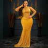 2024 African Plus Size Gold Prom Dresses for Black Women Illusion Evening Dresses Mermaid Beaded Lace Long Sleeves Formal Gowns For Birthday Party Engagement AM516