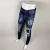 Men's Jeans Fashion Vintage Men High Quality Retro Blue Stretch Slim Fit Ripped Leather Patched Designer Hip Hop Brand Pants