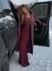 Women Vintage Wine Red Lapel Long Pu Coats with Belt Autumn Fashion Double Breasted Overcoat Female Elegant Leather Streetwear
