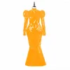 Casual Dresses Luxury Dress Glossy PVC Leather Låsbar full hylsa mantel maxi höghals puff bodycon lång klänning kväll 7xl