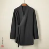 Ethnic Clothing 2024 Men's Chinese Style Linen Cardigan Jacket Loose Black Kimono Solid Color Self-Tie Hanfu Traditional 4Xl