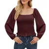 Women's Blouses Female Long Sleeve Shirt Tops Autumn Square Neck Solid Top Puff Open Back Slim Blouse Pullover