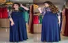 Robes de soirée en dentelle grande taille bleu marine foncé avec demi-manches col bateau transparent une ligne robes de bal perlées longueur au sol en mousseline de soie formelle 2989050