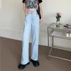 Jeans femininos mexzt streetwear cintura alta mulheres amor listrado fenda larga perna denim calças verão moda coreana casual calças retas