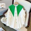 Blouses Femmes Femmes À Manches Longues Plissé À Lacets Chemise Lâche Causal Vert Contraste Revers Blusas 2024 Automne Marée Simple Boutonnage Top Y749