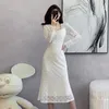 Casual Dresses Retro Spring Autumn Beige Dress French Women Square Collar Hollow Out Lace Long Sleeve High Waist Slim Lady Office