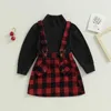 Kläder sätter 1-6 år småbarn Girls Spring Autumn Clothes set Black Long Sleeve Tops och Plaid Suspender kjolutrustningar för barn