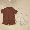 Koreansk stil 1-6 år Baby Boys Girl Clothes Set Cotton Linen Kort ärm Cardiganshorts Kidskläder för sommaren 240308