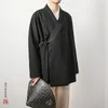 Ethnic Clothing 2024 Men's Chinese Style Linen Cardigan Jacket Loose Black Kimono Solid Color Self-Tie Hanfu Traditional 4Xl