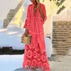 Bohemian womens V-neck tassel oversized casual dress womens lace solid fashion dress elegant robe Bohemian holiday long dress 240313