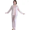 Kvinnors sömnkläder Rayon Pyjamas Set Women Rands Turn-Down Collar 2st Full Length Sleep Suit Lingerie Nattkläder med fickor hemkläder