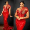 2024 African Plus Size Prom Dresses for Special Occasions Red Long Evening Gowns Mermaid Beaded Lace Rhinestones Birthday Dress for Nigeria Black Women AM501