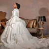 2024 Arabic Vintage A Line Wedding Dresses V Neck Satin Organza Long Sleeves Ruffles Tiered Zipper Back Plus Size Bridal Gowns